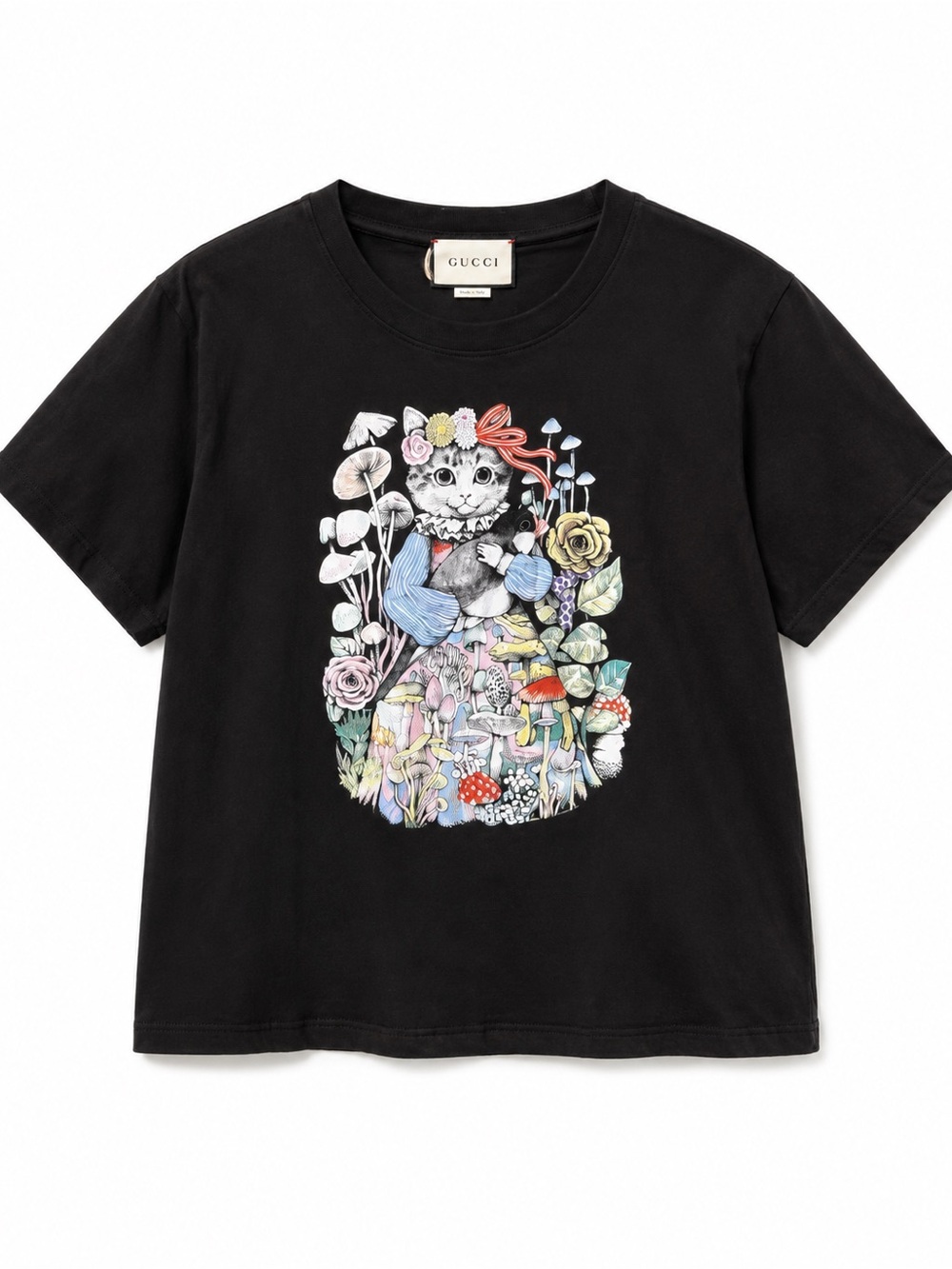 ❌hold❌Gucci Black Kids Short Sleeve Tee with Colorful Cat & Floral Graphic